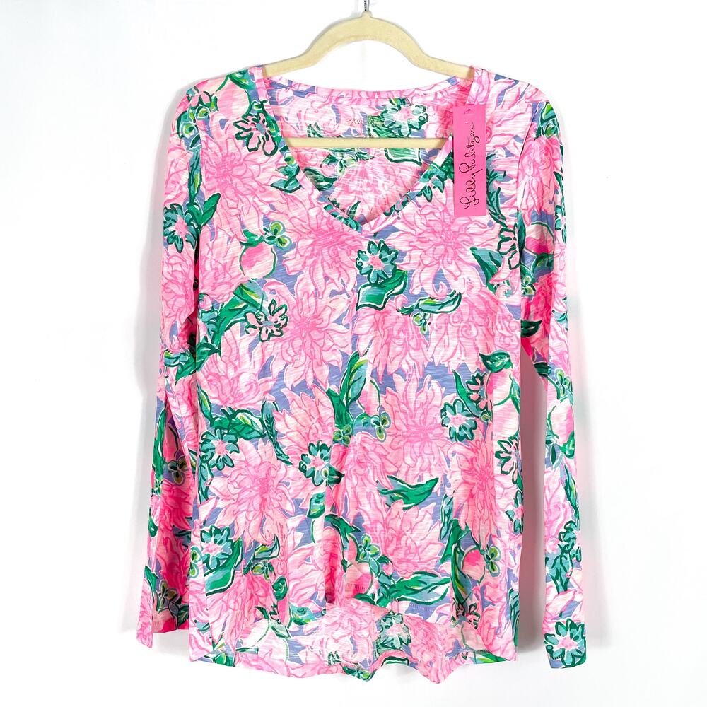 Lilly Pulitzer Etta Top‎ Long Sleeve Pink Blossom Floral V-Neck Pullover Sz S